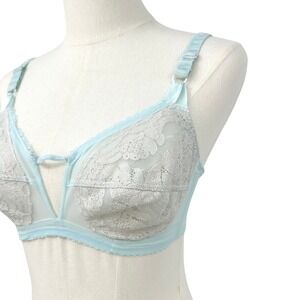 Vintage Olga Cone Cup Bra 34C Pastel Blue Retro Lace Lingerie Pin Up Layering